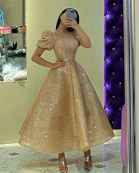 Glitter Champage Gold Puined Prom Elbiseler Puf Kısa Kollu Kare Boyun Ayak Bileği Uzunluğu Bir Çizgi Resmi Gece Elbiseleri Işıltılı Brithday Party Özel Ortaklık Elbise