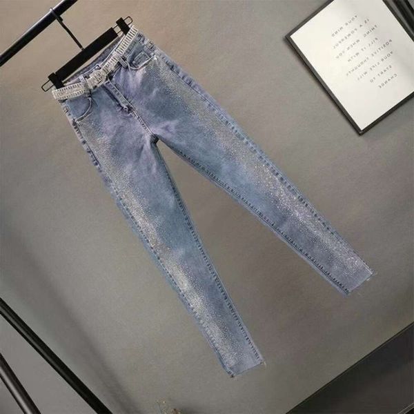 Calças de brim femininas fino strass estiramento para mulheres cintura baixa emagrecimento calças azuis femme recortado lápis calças jeans moda atacado marca