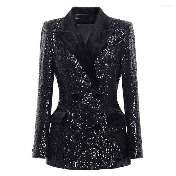 Ternos femininos estilo europeu, indústria pesada, luxuoso, bordado, lantejoulas, gola de veludo, preto, comprimento médio, casaco