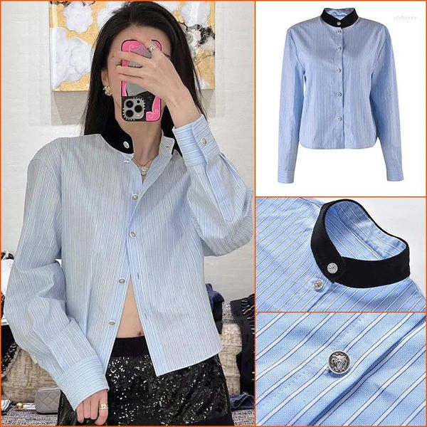 Blusas femininas 2023 outono blusa feminina luz azul listra/camisa branca design sentido pequeno fino manga cheia topo o pescoço senhora do escritório alta