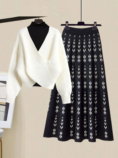 Vestido de duas peças inverno quente de malha 3 peças mulheres desgaste coreano de alta qualidade desenhado sweaterprinted plissado conjunto de esqui 231121