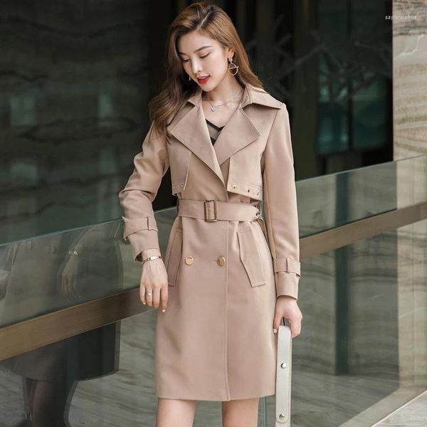 Trench da donna Cappotto medio lungo nero kaki Donna Primavera Autunno Capispalla casual allentato Cintura Tasca grande Giacca a vento doppio petto Donna