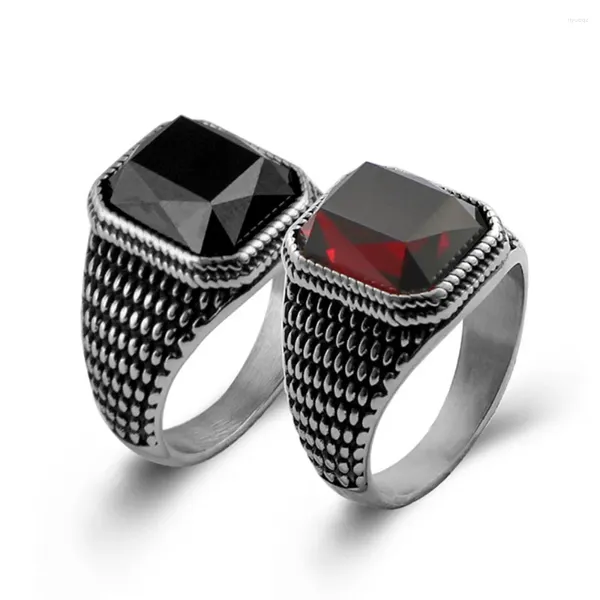 Anéis de cluster Bandas masculinas Quadrado Vermelho Preto Ágata Zircão Diamantes Bague Titânio Aço Inoxidável para Homens Acessórios de Dedo Legal