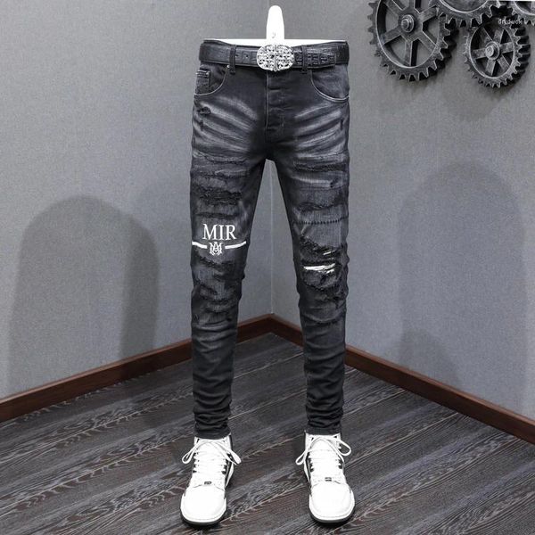 Jeans masculinos rua moda homens retro preto cinza estiramento magro rasgado bordado designer remendado hip hop marca calças hombre