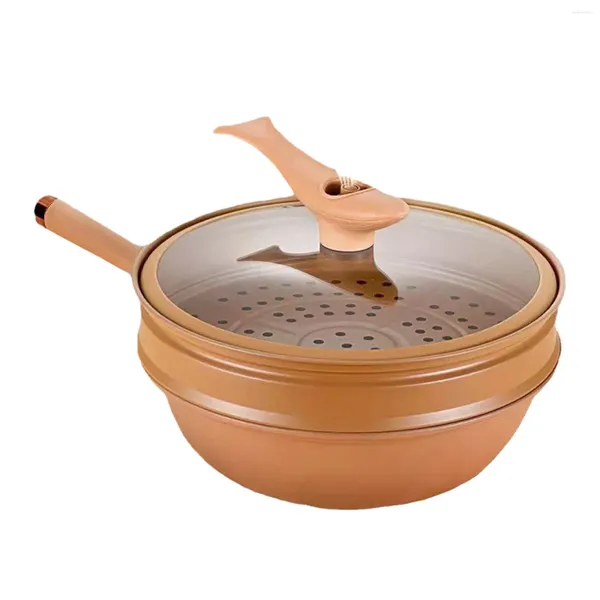 Pentole Pentola con coperchio in vetro e griglia al vapore Wok a micro pressione leggero per friggere in profondità antiaderente per tutti i piani cottura Friggere Bollire a vapore