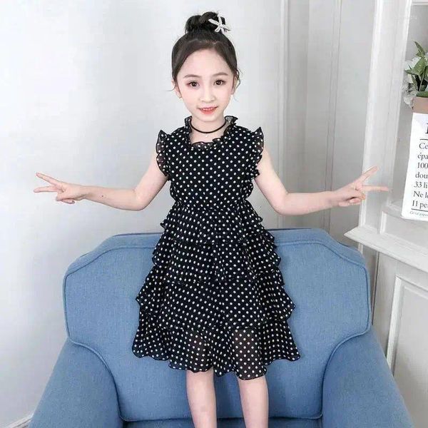 Robes de fille 2023 sans manches maille dentelle enfant en bas âge vêtements d'été à pois plissé décontracté princesse fête pour enfants 6 8 9 10 11 ans