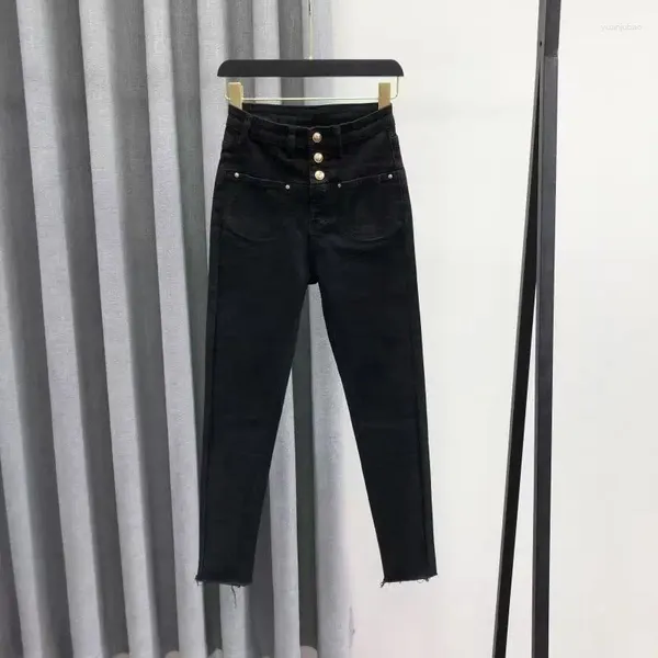 Jeans da donna velluto nero vita alta piedi piccoli donna 2023 pantaloni a matita a nove punte elasticizzati moda autunno e inverno