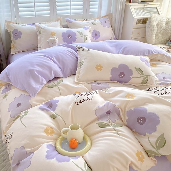 Set biancheria da letto Set copripiumino fiore viola 3/4 pezzi Copriletti rosso nero con lenzuolo piatto Set di lusso Rosa per biancheria da letto per donna ragazza 230422