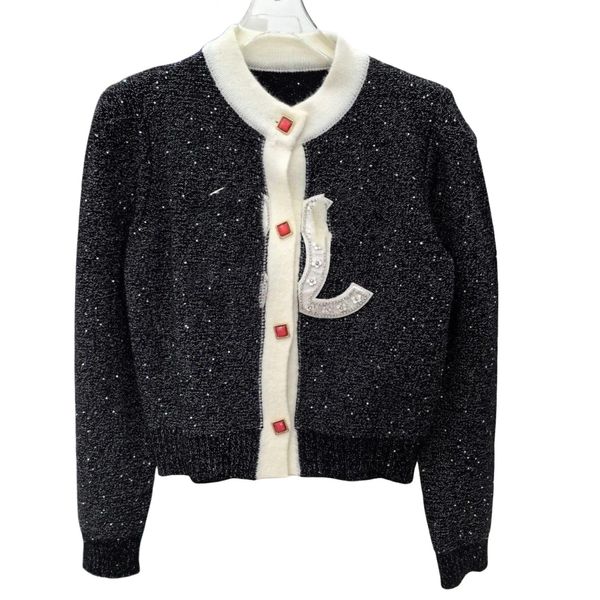 Feminino o pescoço de malha logotipo bordado strass paillette lurex shinny bling puff manga longa camisola cardigan sml