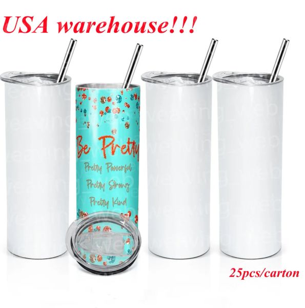 US CA LAGER 25 Stück / Karton Sublimation gerader Becher 20 Unzen leere weiße Schnabeltasse Wasserflasche Edelstahl isolierte Autobecher 1122