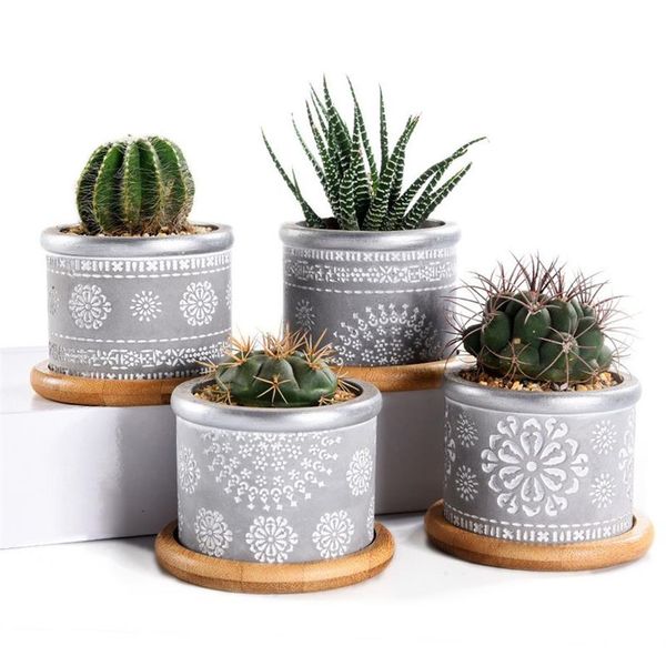 4In Set 2 vasi da fioriera in cemento da 95 pollici, vaso da fiori per cactus, piccolo contenitore per finestre in cemento per erbe aromatiche con bambù Y20072316b