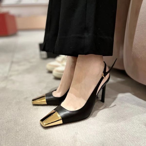 Slingback in pelle di pecora Scarpe eleganti a punta Sandali Suola in pelle con punta in ferro Décolleté con tacco a spillo Designer di lusso da donna Matrimonio per feste Scarpe da sera con scatola