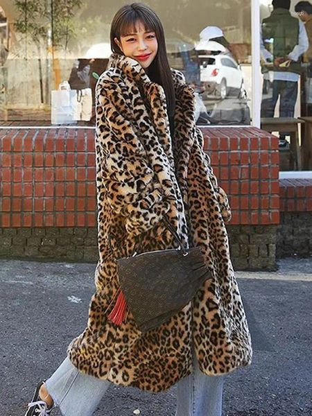 Pele feminina moda leopardo impressão feminino falso casaco chique lapela manga longa cardigan jaquetas 2023 inverno de pelúcia quente streetwear casacos