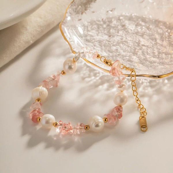 Strand Minar Statement Rosa Unregelmäßige Natursteinarmbänder Für Frauen 18 Karat Vergoldetes Titanstahl-Süßwasserperlenarmband