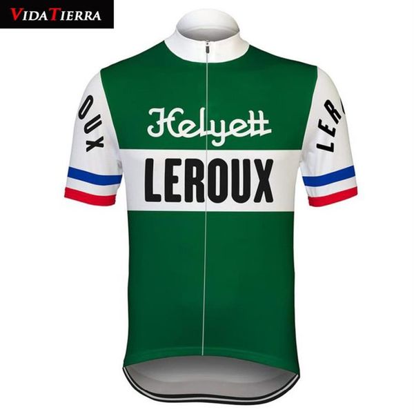 2 Vida Tierra Bisiklet Jersey Green Retro Pro Team Racing Leroux Bisiklet Giyim Ciclismo Classic Nefes Borsulabilir Açık Sport324L