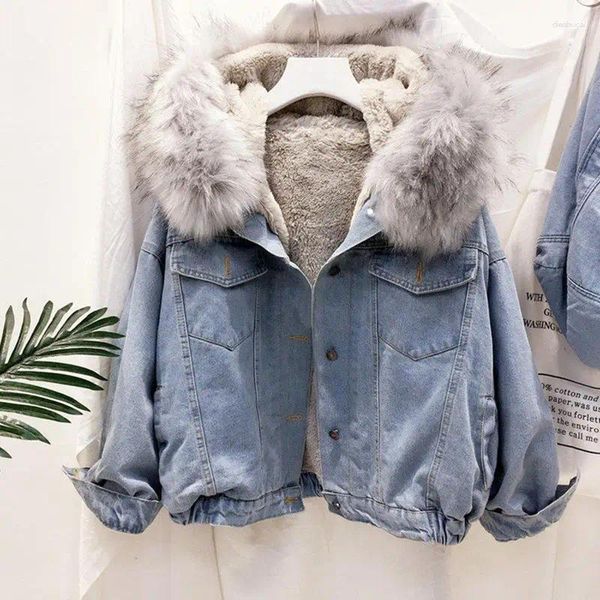 Damen Trenchcoats Winterjacke Frauen Samt Dicker Denim Großer Kunstpelzkragen Mit Kapuze Jean Weiblich Vintage Casual Outwear