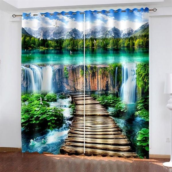 Vorhang Vorhänge Landschaft Blackout Höhle Wasserfall Wohnzimmer Schlafzimmer Po Vorhänge 3D Druck Einfache Grüne Fenster Licht Shading253j