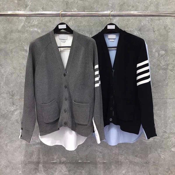 Männer Pullover Strickjacke V-ausschnitt Pullover Wolle Weiß 4-Bar Gestreiften Design Lose Männer Jacke Oberbekleidung Koreanische Hohe Qualität