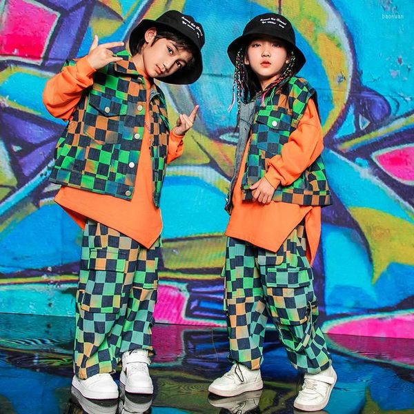 Abbigliamento da palcoscenico Pantaloni gilet scozzesi colorati per bambini Abbigliamento hip-hop Ragazze Costume da spettacolo di danza jazz Allentato Kpop Outfit Ragazzi Streetwear BL9209