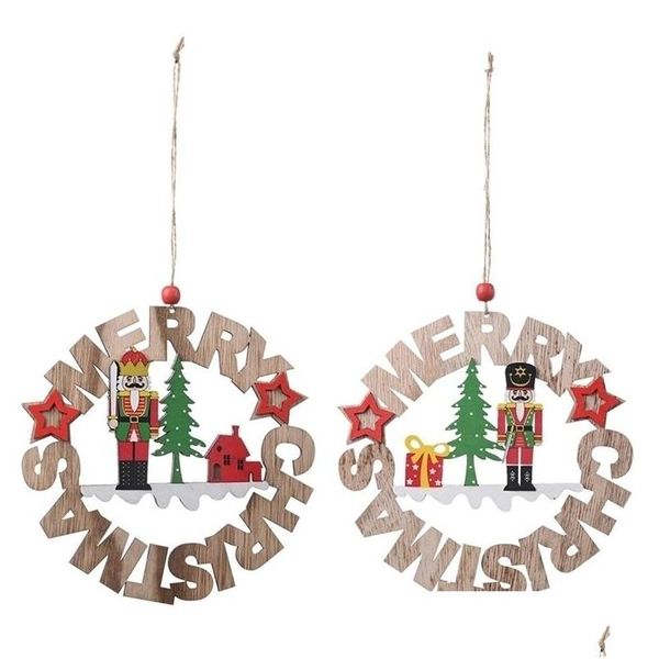 Decorações de Natal Nutcrackers Madeira Novel Soldado Fantoche Rodada Carta Pingente com Cordão para Árvore e Decoração de Porta Pendurada Y20102 DHPRZ