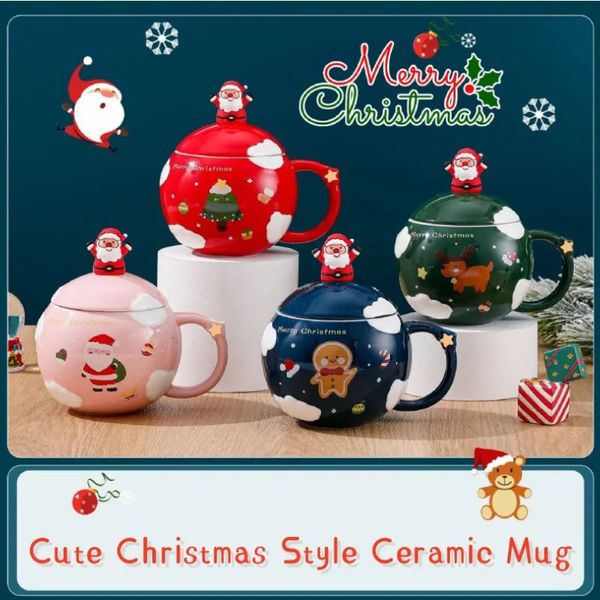 Tassen Kreative Weihnachtskaffeetasse Niedliche Cartoon-Keramikbecher Milchtee Frühstückstasse Set mit Deckel und Löffel Weihnachtsgeschenke 231121