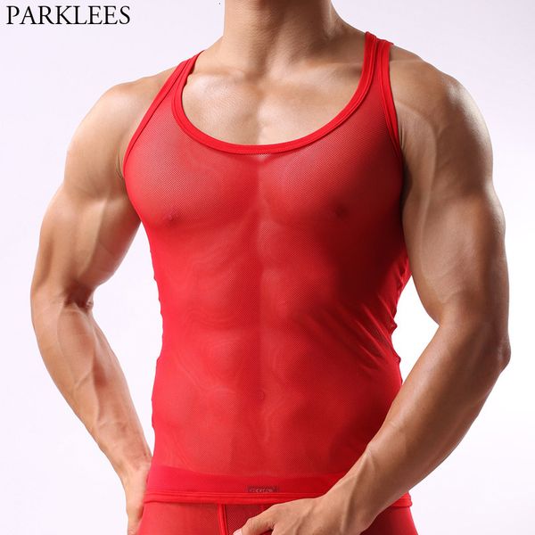 Tampo masculino Tampo vermelho Veja através de Mesh Top Men Men Sexy Shevelless Sheer Subsirt.