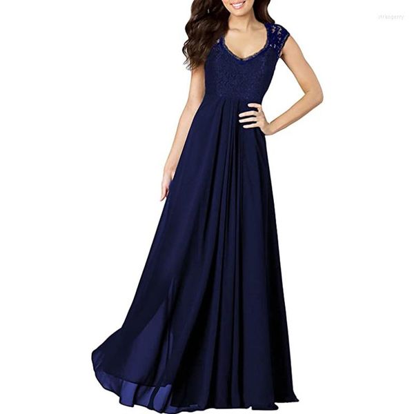 Partykleider Langes Chiffon-Abendkleid für Damen mit O-Ausschnitt, ärmellos, Spitzenapplikationen, Hochzeit, Robe, Reißverschluss hinten, A-Linie, bodenlang, Braut