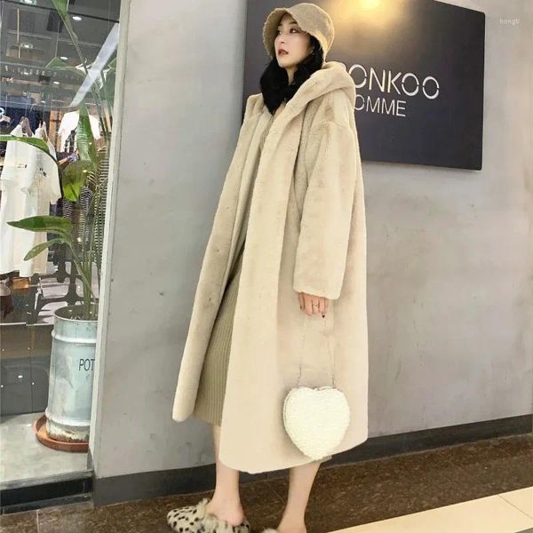 Pelliccia da donna Donna Cappotti lunghi finti Autunno Inverno Donna Imitazione visone Giacca morbida e calda Cappotto monopetto con cappuccio per donna