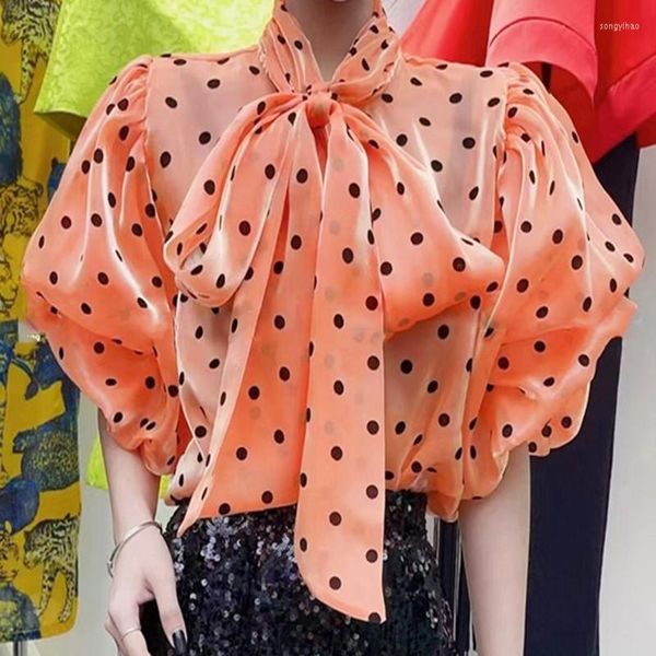 Damenblusen Courtly Style Vintage Lace-Up Bow Polka Dot Mesh Shirts Sommer Damen Puff Kurzarm Sexy Perspective Chiffon Tops