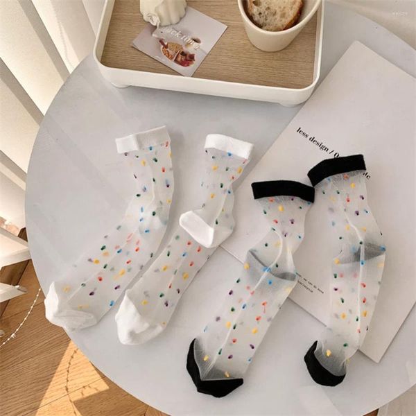 Frauen Socken Sommer Ultra-dünne Transparente Mehrfarbige Polka Dot Kristall Seide Japanischen Stil Süße Mädchen Elastische Lange