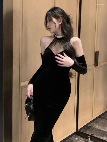 Casual Kleider Sexy Schwarz Samt Midi Kleid Frauen Halter Bodycon Mesh Herbst Winter Trend Elegante Feste Dünne Weibliche Party Einteilige robe