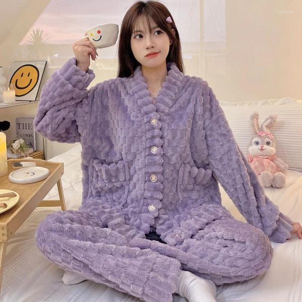 Kadın pijama kış jakarı uzun peluş v-yakalı hırka kol pantolon düz renk basit sıcak ev kürk seti
