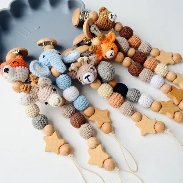 Pacifier Holders Clips# Cartoon Bunny Chain Clip Wood Crochet Bear Teething Baby Teether Soother Holder born Chew Toys Clips 231122