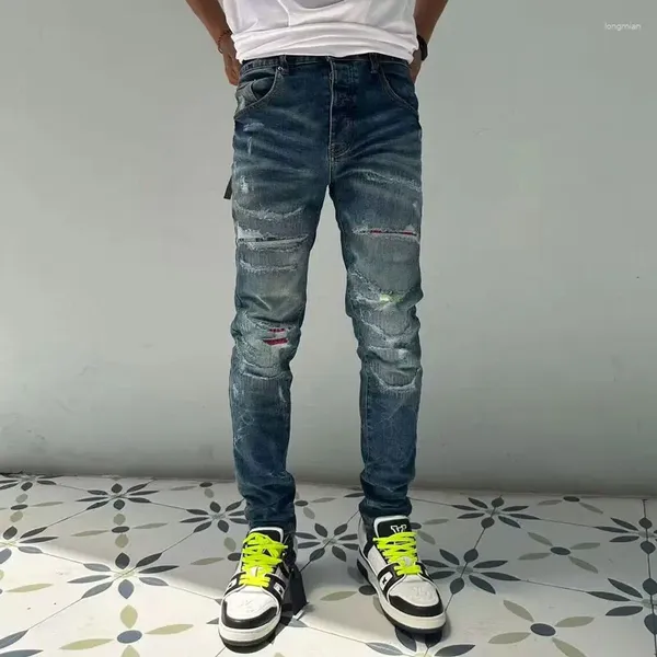 Erkek kot pantolon yüksek sokak moda erkekler retro yıkanmış mavi yıkılmış yamalı tasarımcı yırtılmış streç sıska hip hop marka pantolon