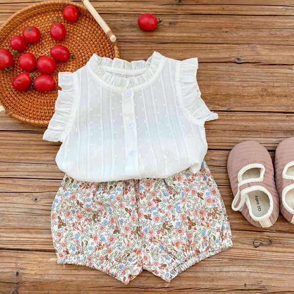 Kleidung Sets Infant Baby Mädchen Sommer Mode Solide Fliegen Hülse Top Floral Shorts Anzug 2023 Baumwolle Dünne Kinder Kleidung