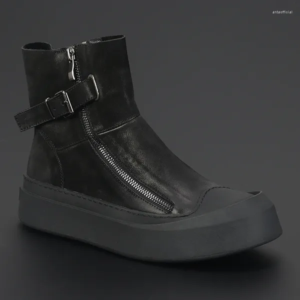 Botas moda grossa sola de couro preto tornozelo todos os homens casuais britânicos confortáveis retro altos sapatos