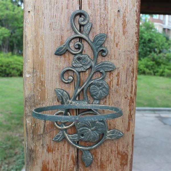 Suporte de vaso de flores em ferro fundido, 2 peças, verde escuro, cesta de planta, bandeja em forma de flor, suporte de parede para jardim ao ar livre, varanda 3121