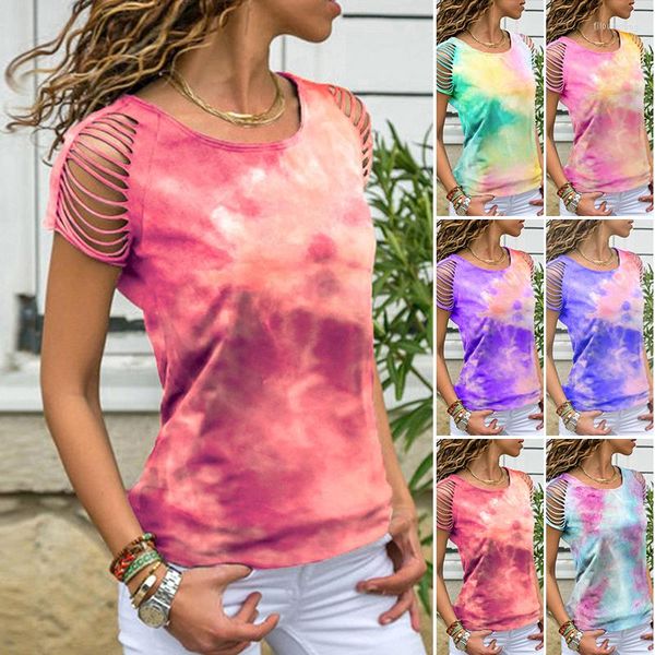 Damen T-Shirts Tie Dye Print Farbverlauf Damen Set Kurzarm O-Ausschnitt T-Shirt Tops Shorts Trainingsanzug Elastisch Kurzarm Loch Trend Style