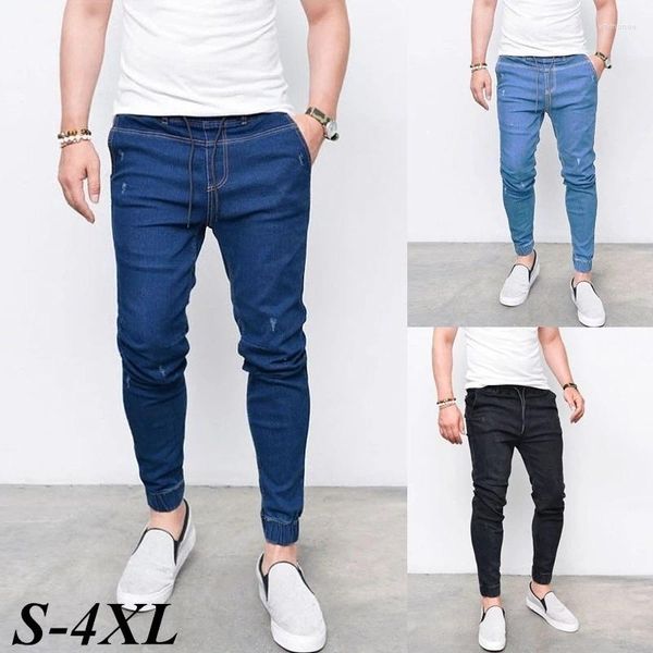 Мужские джинсы, модные, повседневные, на шнурке, с эластичной резинкой на талии, узкие карандаши, большие размеры, черный, синий, S-4XL