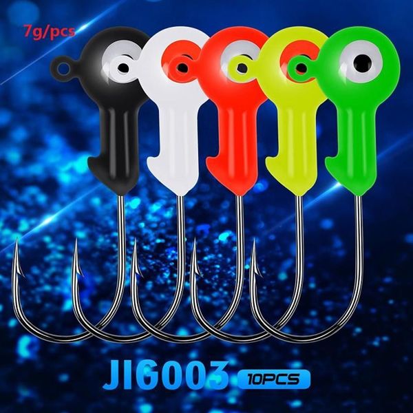 7g 10 pz / lotto Jig in acciaio ad alto tenore di carbonio Grande gancio Colori Occhi Attrezzatura da pesca Mini Piombo Testa tonda Esche Maschere Basso Verme singolo Ganci176C