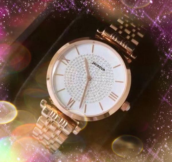 Top Model Mulheres Starry Sky Diamonds Relógio pequeno Japão Movimento de quartzo Relógio de tempo Pulseira de aço inoxidável Design de dois pinos Pulseira de corrente Relógios Presentes de Natal