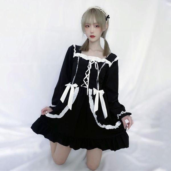 Lässige Kleider Gothic Kawaii Schwarzes Kleid Frauen Lolita Harajuku Niedliche Bandage Spitze Vintage Kleidung Langarm Cosplay Maid Prinzessin Party