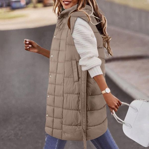 Gilet da donna Cappotto con cappuccio taglie forti Donna Autunno Inverno Piumino leggero in cotone Gilet termico senza maniche trapuntato di media lunghezza