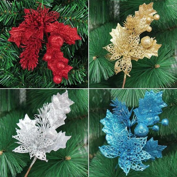 Flores decorativas, ramas de pino artificiales con purpurina, artesanía hueca duradera, hojas de Navidad simuladas, decoración de árbol de PVC