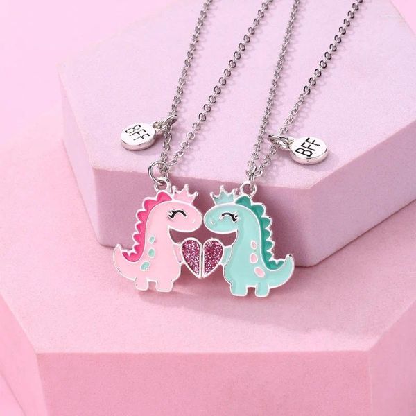 Collane con ciondolo Lovecryst 2 Pz/set Amicizia Catena in Lega Placcata Oro Simpatico Dinosauro Collana Cuore per Ragazze BFF Gioielli Regalo