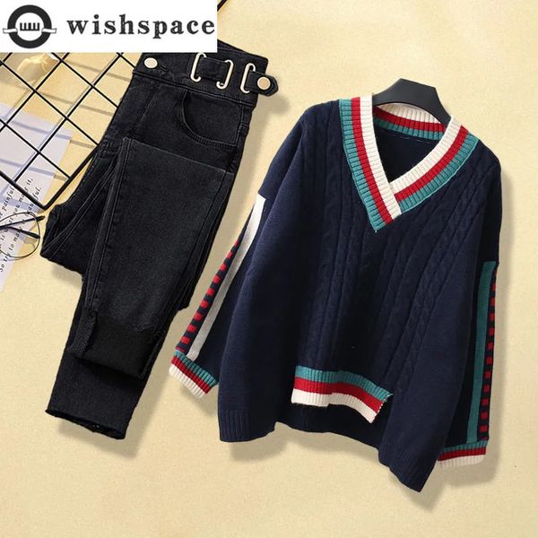 Zweiteilige Hosen für Damen, Herbst- und Winter-Set, koreanischer Strickpullover mit V-Ausschnitt, Gewichtsverlust, Jeans, altersreduziert, modisch, 231121