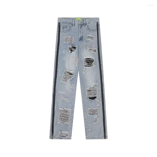 Jeans da uomo Jeans sfilacciati a righe laterali Strappato Y2k per uomo e donna Streetwear Pantalones Hombre Pantaloni larghi in denim Cargo oversize