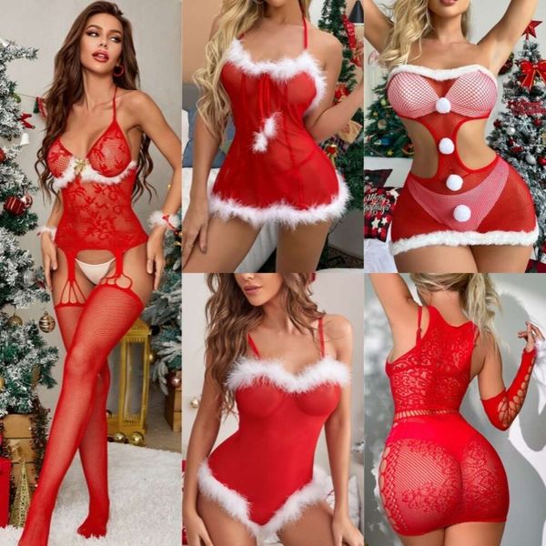 Kadınlar Seksi Dantel Şeffaf Lingerie Kırmızı Noel Nightwear Elbise Boş Çıkış Balık Ağı Bebek Bebek Kimya Eroitc Cosplay Kostümleri