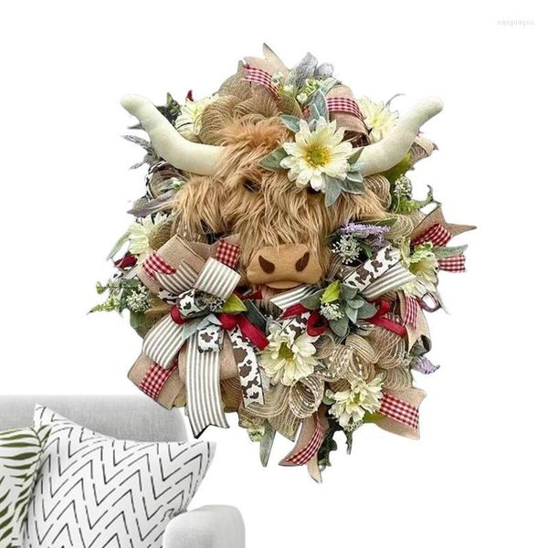 Flores decorativas Highland Cow Wreath Wooden Welcome Farthouse Head Porta Folhas de Spring Decoração da parede frontal floral Janela