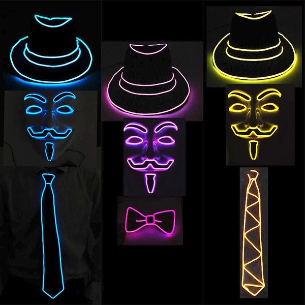 Cappellini da festa LED Festival Rave Light Cosplay Vendetta Guy Fawkes Flash Suit EL Cappello Glowing Tie Neon Mask Bar Dance Supplies 231122